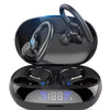 A black wireless Bluetooth earbud case open, showing a pair of black earbuds inside and a digital display.