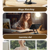 An adjustable dual rod tablet and phone stand is shown in various contexts for binge watching, learning aid, and easy work.