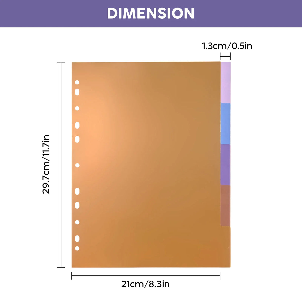 Dimension diagram showing the size of an A4 index divider, measuring 21cm x 29.7cm with a height of 1.3cm.
