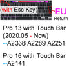 Primer plano de un teclado negro con una flecha roja señalando la tecla Escape y otra hacia la tecla EU Return.