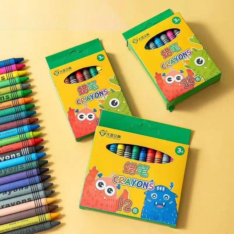 A collection of colorful washable non-stain crayons in green and yellow packaging.