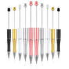 A row of colorful plastic beaded ballpoint pens in various metallic and pink colors.