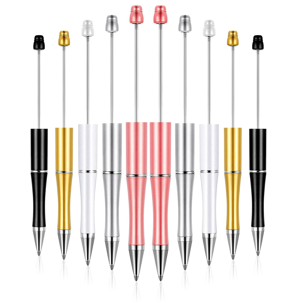 A row of colorful plastic beaded ballpoint pens in various metallic and pink colors.