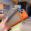 A hand holds an orange Frosted Magnetic Silicone case for iPhone, displaying the back design.