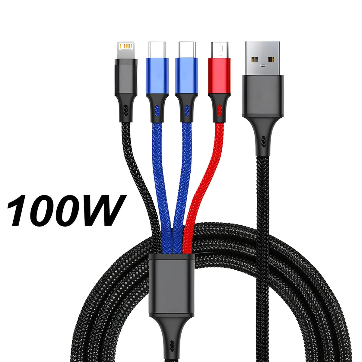 A black braided 4-in-1 multi-device fast charging cable with USB-C, Micro-USB, and Lightning connectors.