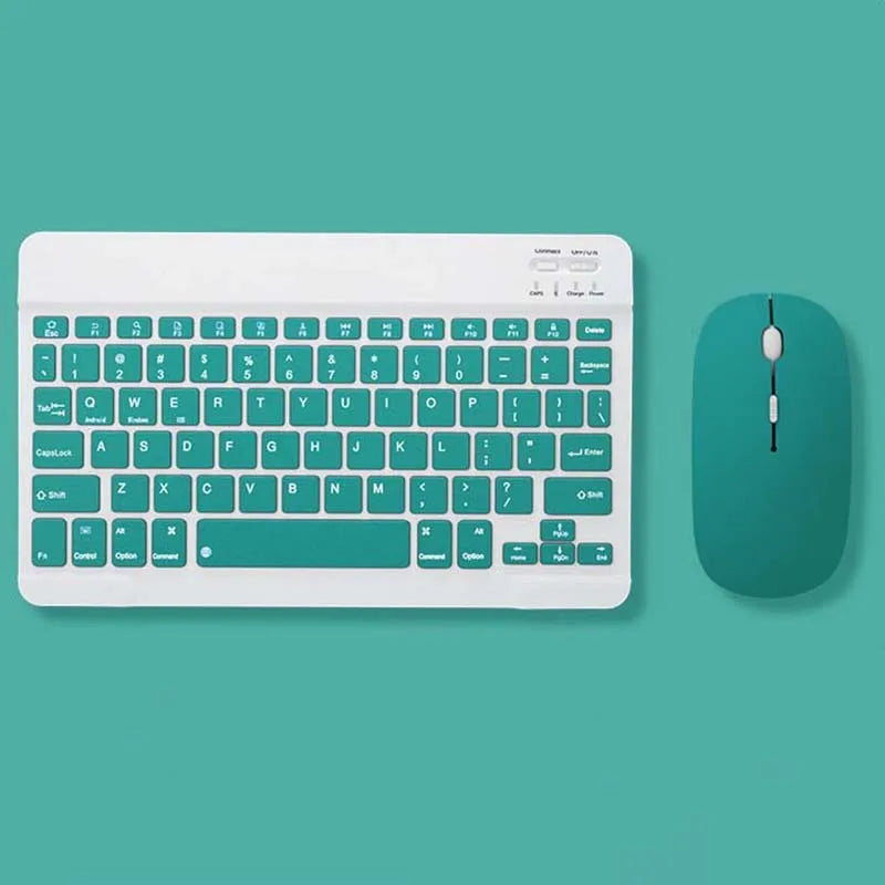 A white multi-device Bluetooth keyboard and mouse combo with a teal green background.