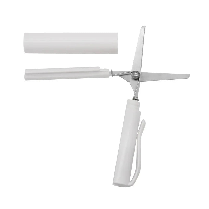 Weißes, kompaktes Edelstahl-Klappmesser-Stift mit silberner Scharnier und Griff.