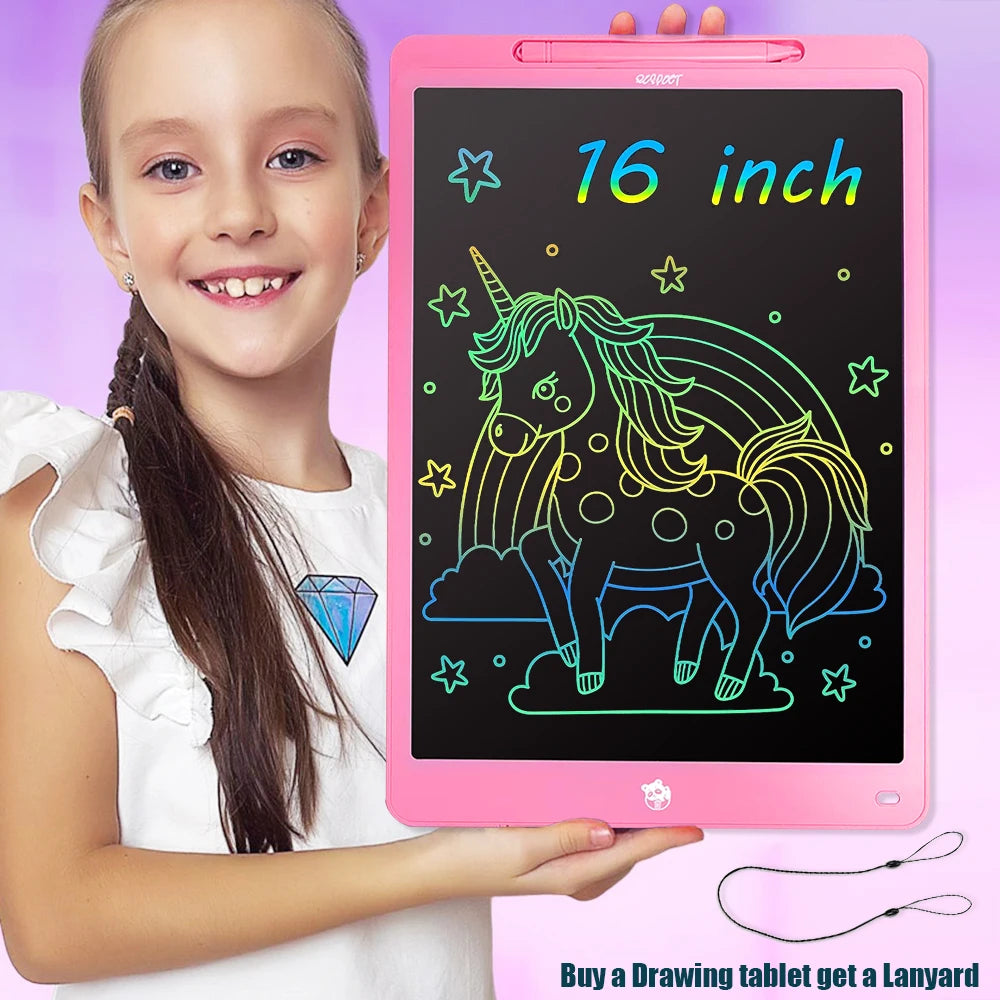 Ein junges Mädchen hält ein pinkes LCD-Zeichentablett mit einer Einhorn-Umrisszeichnung und der Aufschrift 16 Zoll.