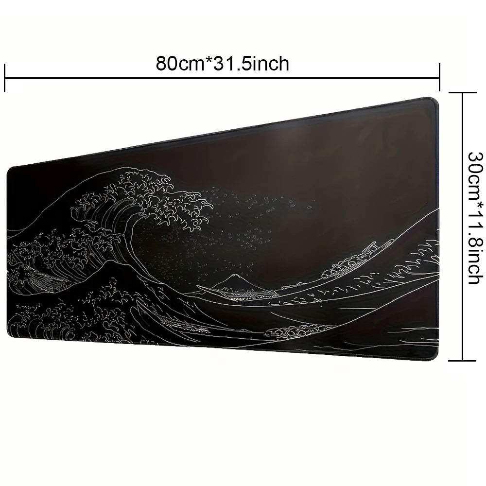 Black rectangular mouse pad featuring a white silhouette of a crashing wave.