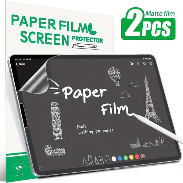 Zwei Papierfilm-Displayschutzfolien für ein iPad, die einen Schreib-Effekt auf dem Bildschirm zeigen.