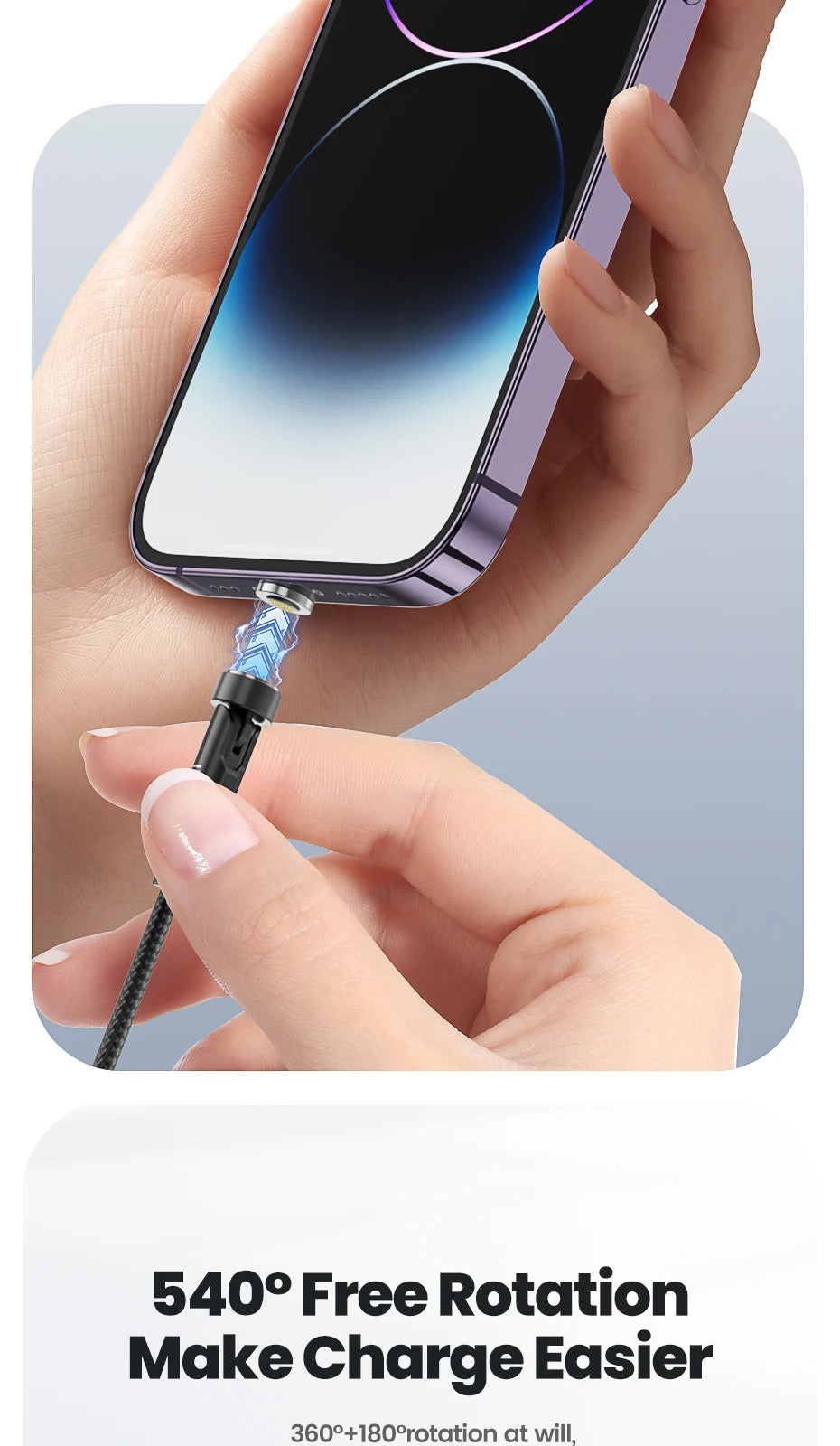 A hand is connecting a magnetic charging cable to an iPhone, demonstrating easy device charging.