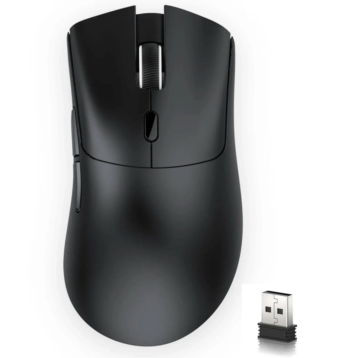 A black high-performance wireless gaming mouse is shown with its USB receiver.