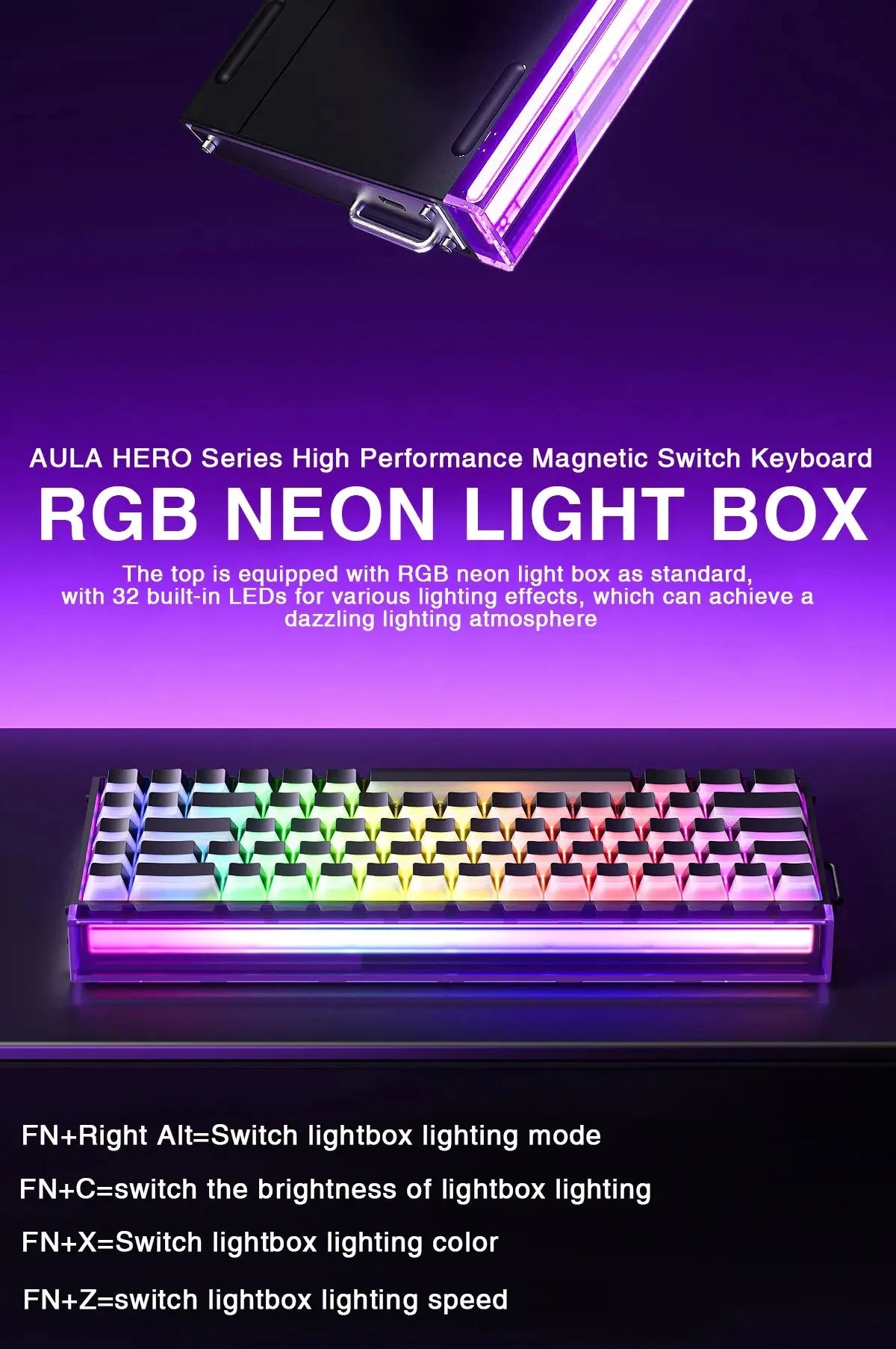 AULA HERO Series RGB Neon Light Box magnetic switch keyboard showing various lighting effects.