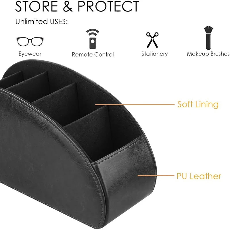 Black PU leather 5-compartment organizer caddy for storing and protecting various items like eyewear, stationery, and makeup 