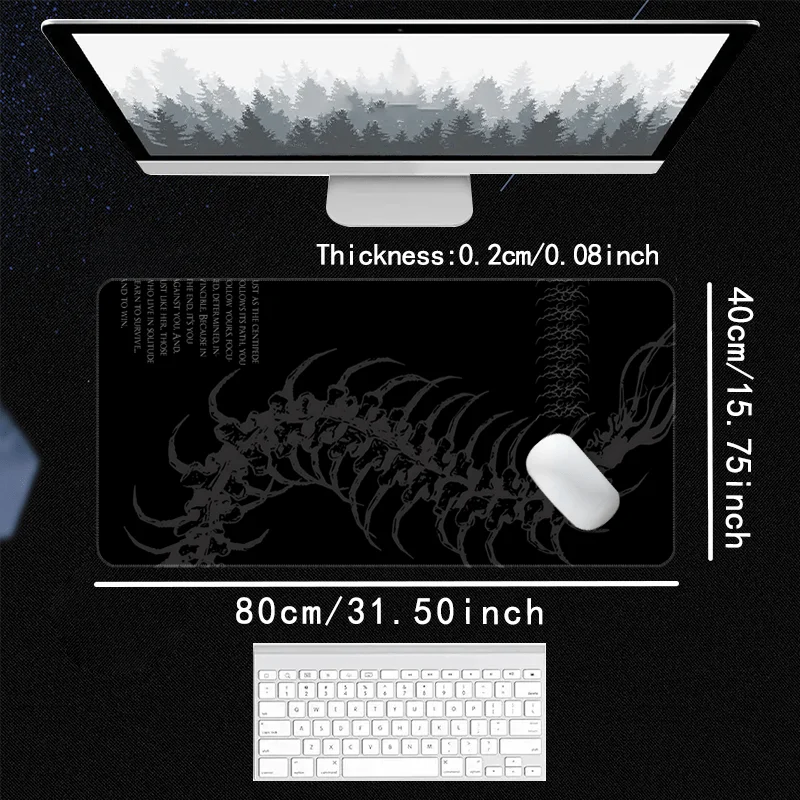 A gaming mouse pad featuring a silhouette of a centipede and a keyboard layout.