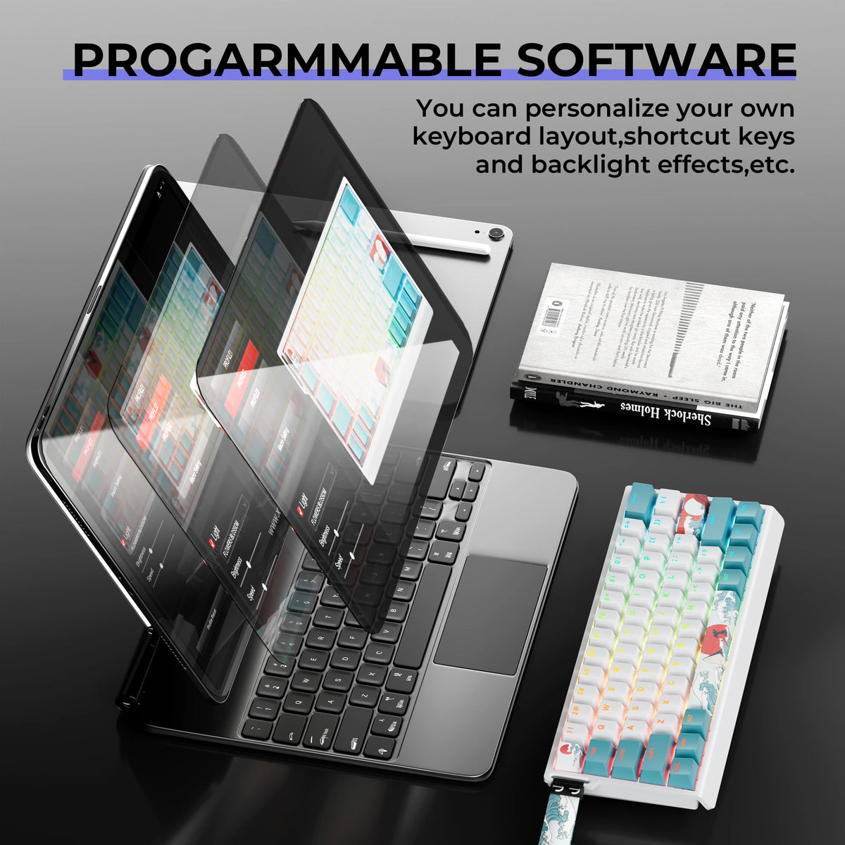 A close-up view of a programmable software keyboard and a transparent tablet displaying a layout.