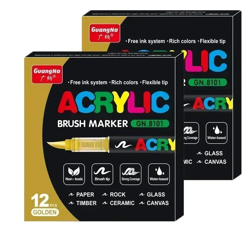 A set of 12 Golden acrylic brush markers with various colors and tips for art and crafting.