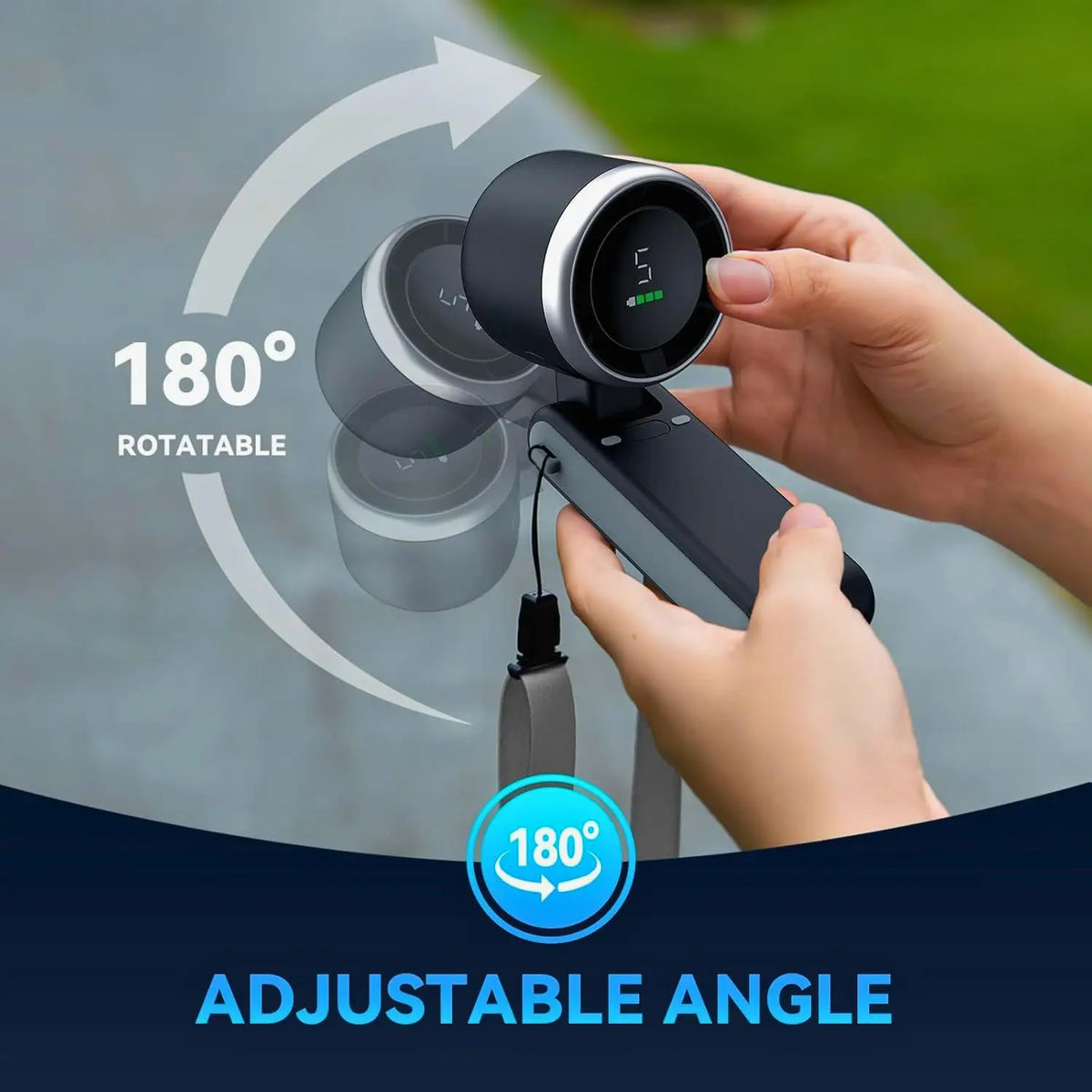 A hand is adjusting the angle of a portable handheld turbo fan with an adjustable 180-degree rotation feature.