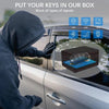 A hand puts an RFID blocking Faraday key fob protector case into a car door, with various signal icons displayed.