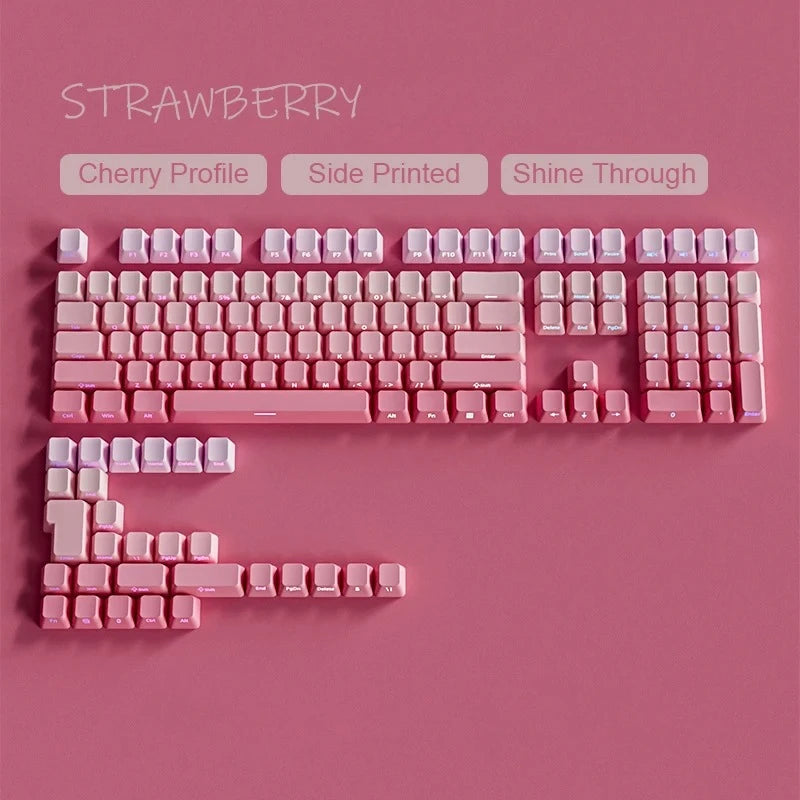 Keycaps mecánicas de teclado con temática de fresa rosa, perfil de cereza y brillo a través