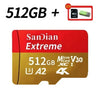 A red SanDian Extreme 512GB microSD card with a yellow label showing compatibility for Android devices.