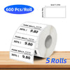 Rolle thermischer Etikettendruckpapier mit 600 Stück pro Rolle und fünf Rollen auf einer Holzoberfläche