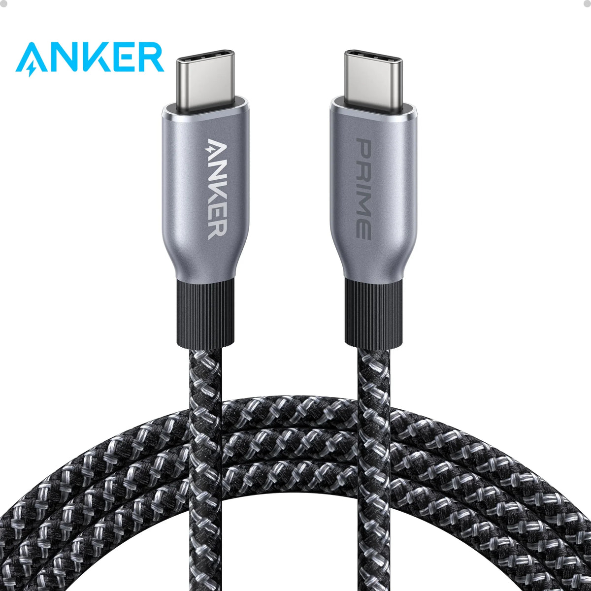 Anker Prime USB-C zu USB-C Schnellladekabel mit silbernen Steckern und schwarzem geflochtenem Draht.