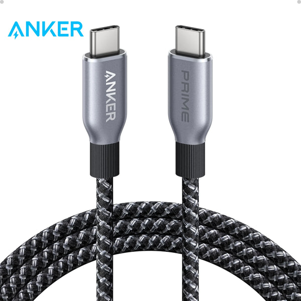 Anker Prime USB-C to USB-C fast charging cable with silver connectors and black braided wire.