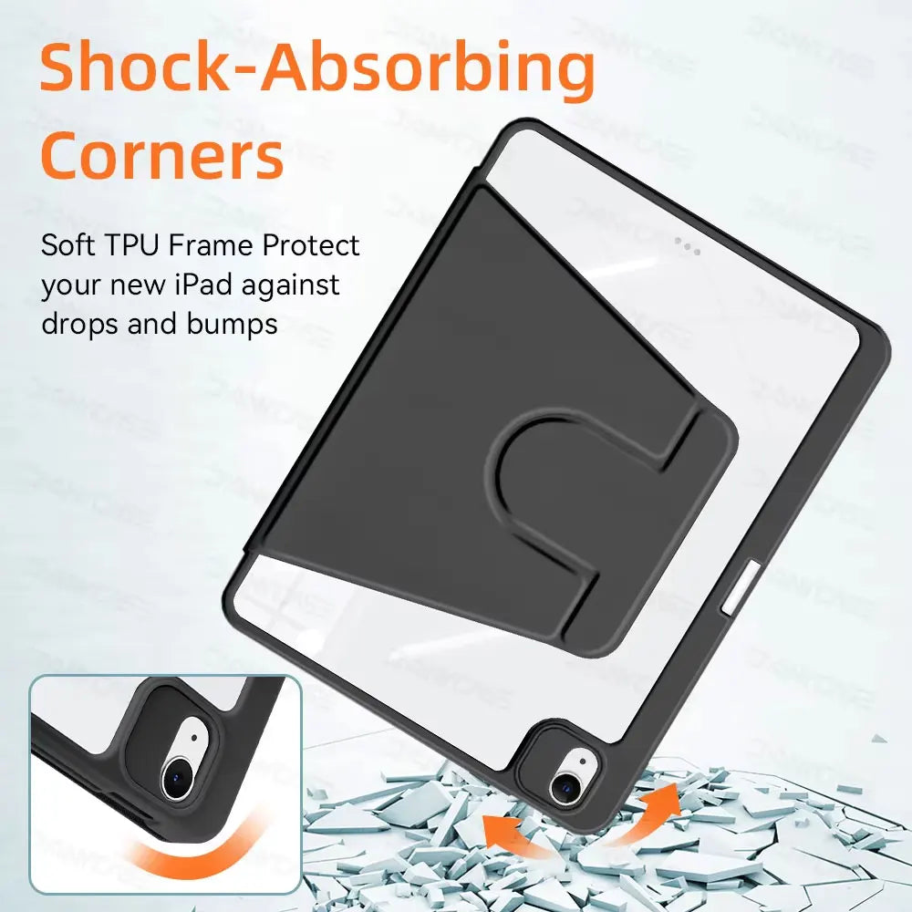 A clear protective case with soft TPU frame corners is shown on an iPad, demonstrating shock-absorbing features.