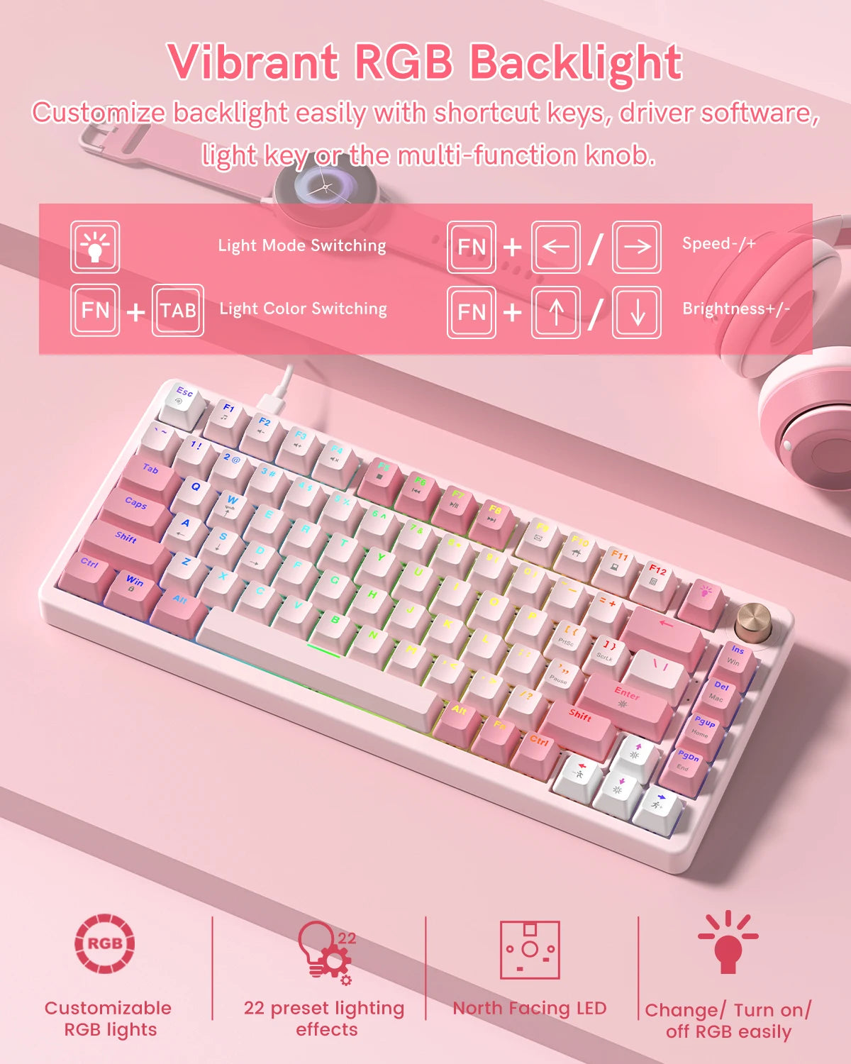 A pink mechanical keyboard with vibrant RGB backlight is shown next to various customization options and lighting effects.