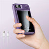 A hand holds a purple magnetic wireless power bank with a digital display showing 100% charge and fast charging indicator.