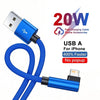 A blue braided USB charging cable with a USB-A connector is shown for iPhone accessories.
