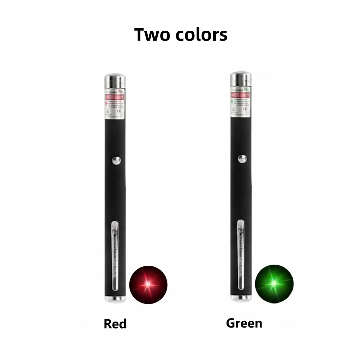 Two colors of an interactive pet training pen, one red and one green.