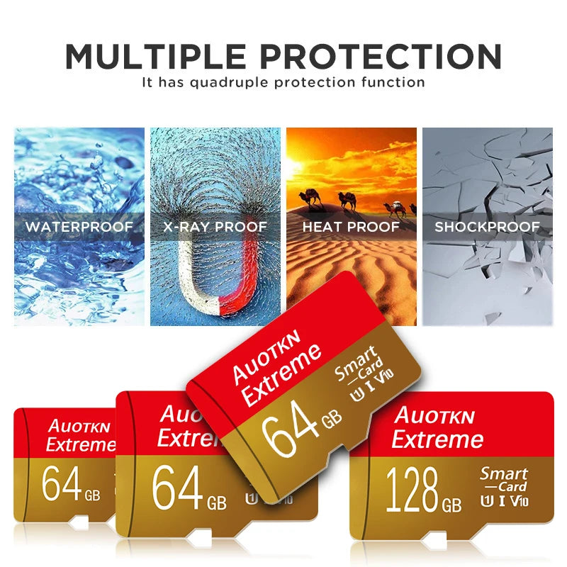 Multiple protection micro SD memory cards featuring waterproof, X-ray proof, heat proof, and shock proof features.
