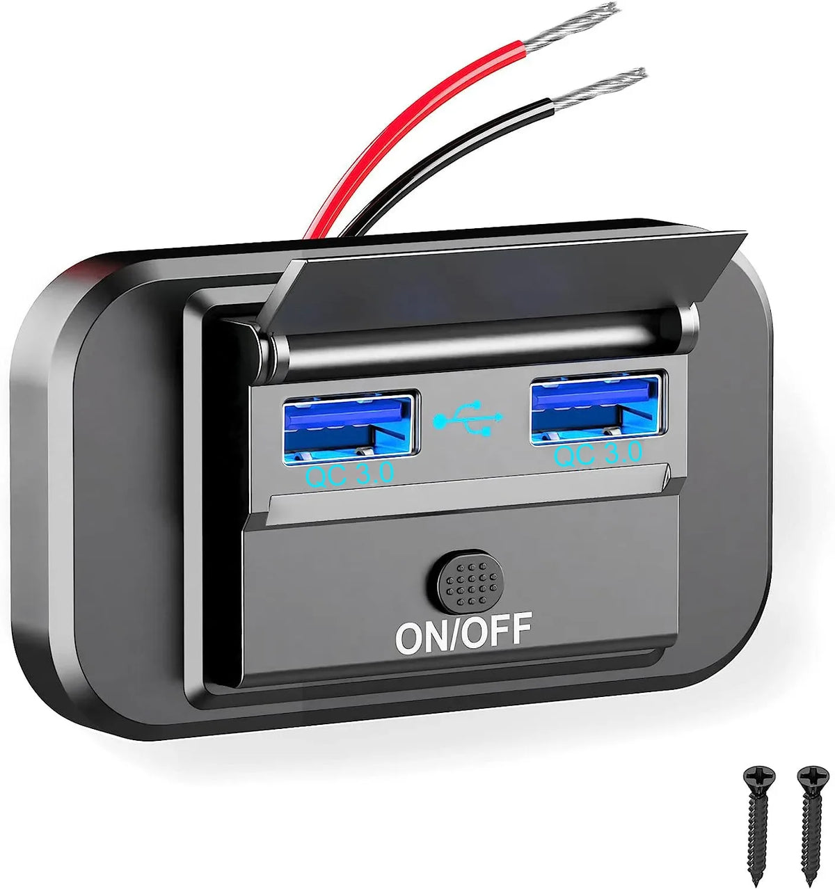 Ein schwarzer Auto-Ladegerät mit zwei USB-Anschlüssen und einem Stromkabel.