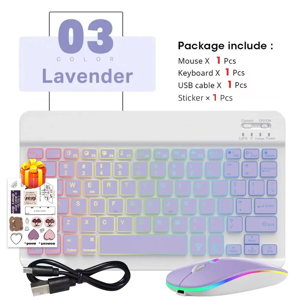 Combo de teclado y mouse Bluetooth multicolor lavanda con cable USB y pegatina incluida