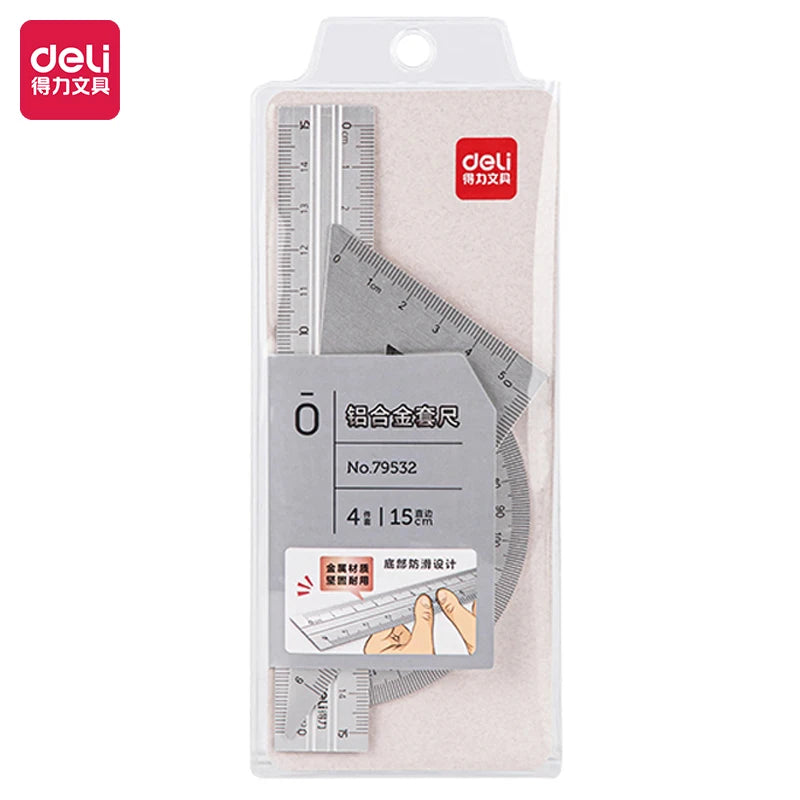 A set of four professional aluminum drafting rulers and a measuring scale packaged in a clear plastic pouch.