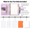 A purple A5 PU leather binder notebook is shown open, displaying various included accessories like pouches and card holders.