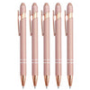 A set of five pink metal stylus pens with gold accents displayed vertically.