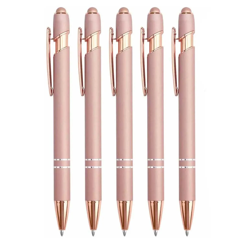 A set of five pink metal stylus pens with gold accents displayed vertically.