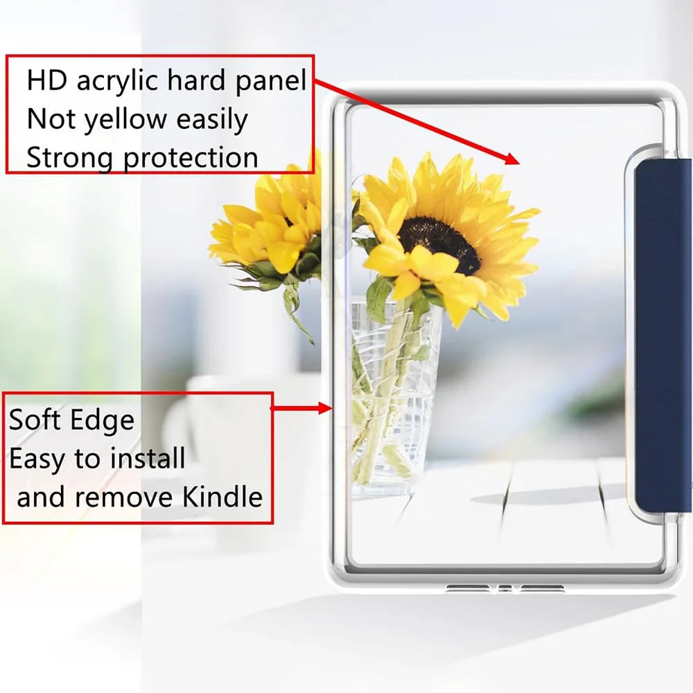 A clear acrylic protective case for a Kindle Paperwhite showing a yellow sunflower.