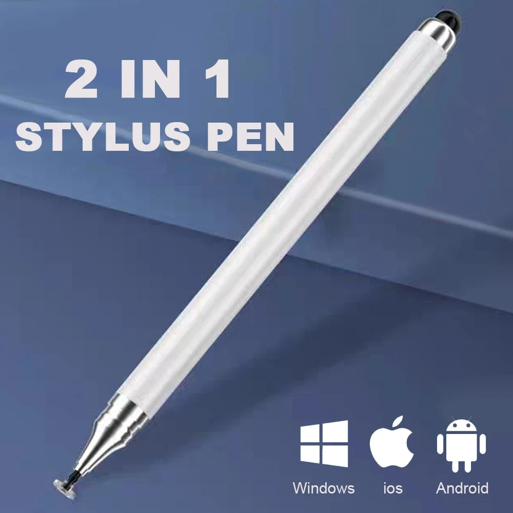 Stylus pen plateado 2 en 1 mostrado diagonalmente sobre fondo azul, indicando compatibilidad con Windows, iOS y Android