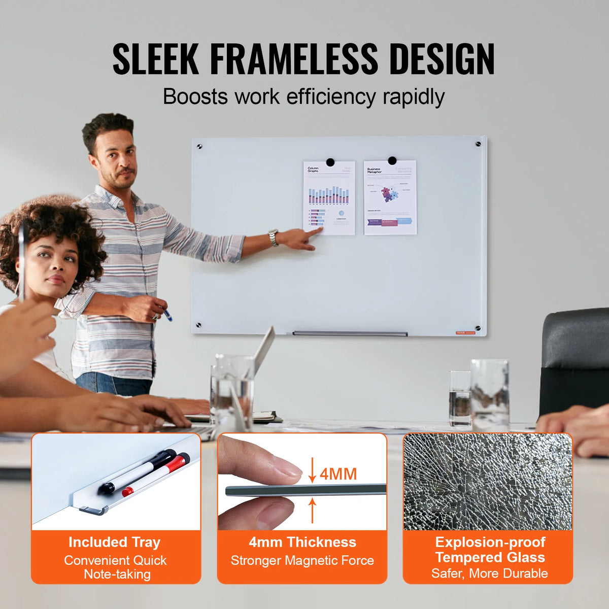 A magnetic framedless whiteboard is shown in use, demonstrating its sleek design and strong magnetic force.