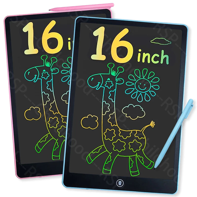 A pink and blue drawing tablet displaying the text 16 inch on its screen.