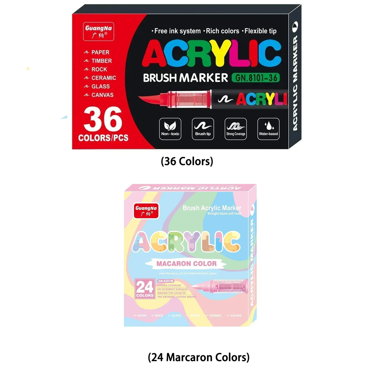 Box of acrylic brush markers with 36 colors and a set of 24 mararon colors