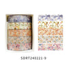 A set of five rolls of floral patterned washi tape in various colors and shades for journaling and crafts.