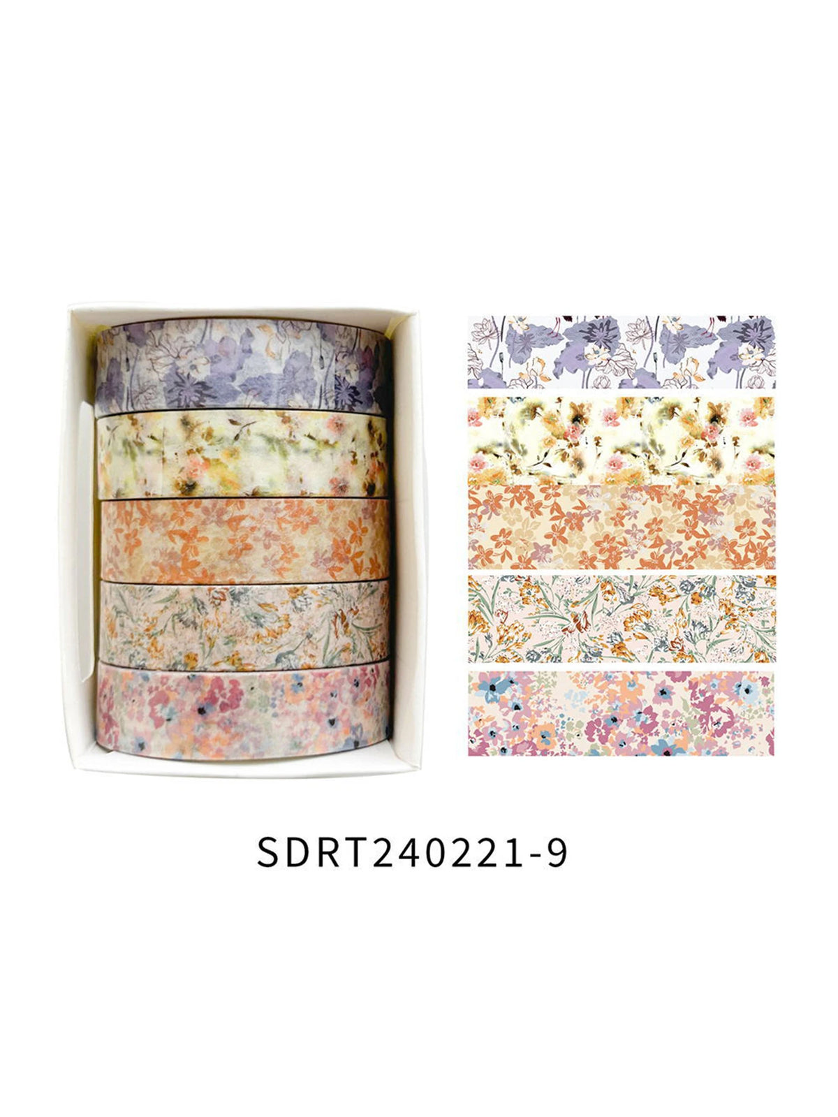 A set of five rolls of floral patterned washi tape in various colors and shades for journaling and crafts.