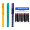 A set of three Morandi Retro Fountain Pens in orange, teal, and purple with ten red ink cartridges.