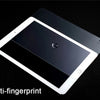 A black tablet displaying an anti-fingerprint screen protector glass on the display.