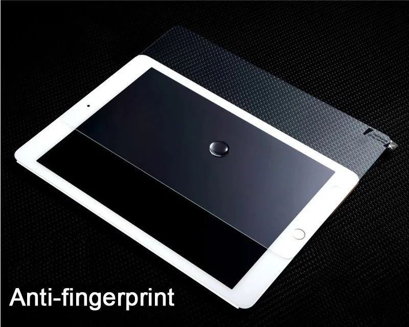 A black tablet displaying an anti-fingerprint screen protector glass on the display.